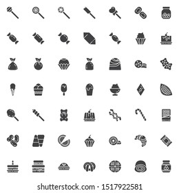 Sweets and candies vector icons set, modern solid symbol collection, filled style pictogram pack. Signs, logo illustration. Set includes icons as Lollipop candy, Caramel, Chocolate bar, Ice cream 