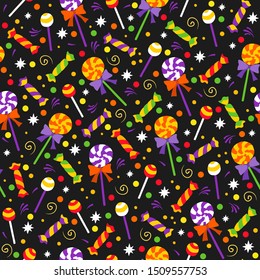 Sweets and candies vector seamless pattern, halloween hand drawn illustration.