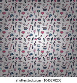 Sweets and candles, line drawings. Candy store. Seamless. Vector illustration.