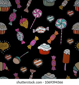 Sweets and candles, line drawings. Candy store. Seamless. Vector illustration.