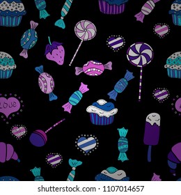 Sweets and candles, line drawings. Seamless. Candy store. Vector illustration.