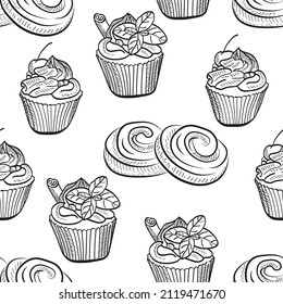 Sweets, candy, bakery, chocolate vector seamless pattern isolated on bright background. Concept for menu, cards, print