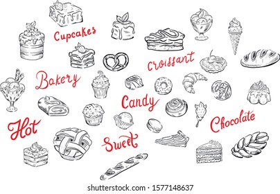 Sweets, candy, bakery food vector isolated set of illustration on white background . Concept for menu, print, logo, icon , web design, cards  