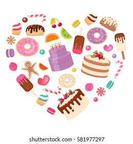 Sweets: candy cakes, ice cream, Cake laid out in the shape of a heart. Vector illustration in a flat style