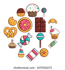 Sweets candy cakes icons set. Cartoon illustration of 16 sweets candy cakes vector icons for web