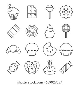 Sweets candy cakes icons set. Outline illustration of 16 sweets candy cakes vector icons for web