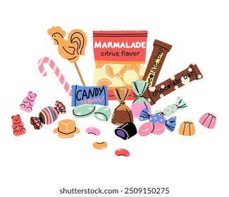 Sweets and candy. Chocolate bars, caramel, toffee, different lollipop on sticks, marmalade bears. Confectionery shop elements. Christmas and birthday kids present cartoon flat isolated illustration