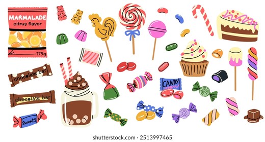 Sweets and candy. Chocolate bars, caramel, toffee and different lollipop on sticks, marmalade bears. Confectionery shop elements. Christmas and birthday kids present cartoon flat isolated illustration