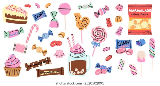 Sweets and candy. Chocolate bars, caramel, toffee, different lollipop on sticks, marmalade bears. Confectionery shop elements. Christmas and birthday kids present cartoon flat isolated illustration