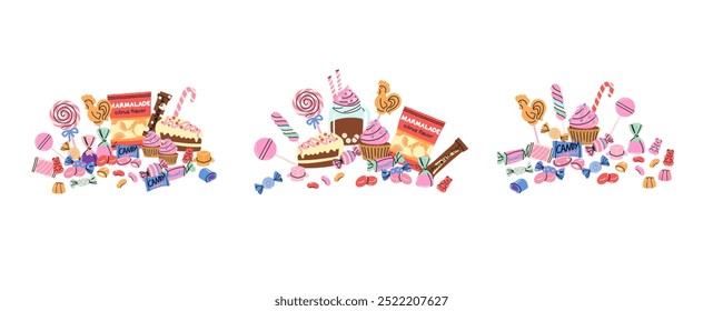 Sweets and candy. Chocolate bars, caramel, toffee, different lollipop on sticks, marmalade bears. Confectionery shop elements. Christmas and birthday kids present cartoon flat isolated illustration