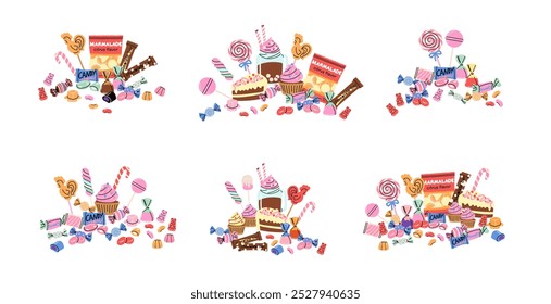 Sweets and candy. Chocolate bars, caramel, toffee, different lollipop on sticks, marmalade bears. Confectionery shop elements. Christmas and birthday kids present cartoon flat isolated illustration