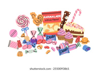 Sweets and candy. Chocolate bars, caramel, toffee, different lollipop on sticks, marmalade bears. Confectionery shop elements. Christmas and birthday kids present cartoon flat isolated illustration