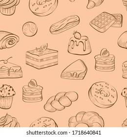 Dulces, caramelos, chocolate alimento vectorial sin fisuras en fondo rosa. Concepto de menú, tarjetas, papel pintado, papel envuelto
