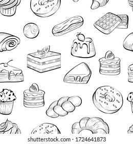sweets, candy, chocolate food vector seamless pattern on white background. Concept for wallpaper, wrapping paper, cards 