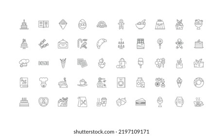 Dulces, ilustración conceptual de caramelos, iconos lineales, conjunto de señales de línea, colección de vectores