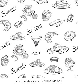 sweets, candy, cupcake , drink line art , lettering vector seamless pattern on white background. Concept for menu, cards, wallpaper, wrapping paper
