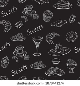 sweets, candy, cupcake line art chalk vector seamless pattern on dark background. Concept for menu, cards, wallpaper, wrapping paper