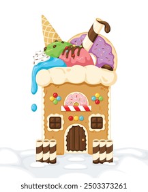 Sweets Candy Gingerbread House on Snow Christmas Cartoon Vector Illustration.