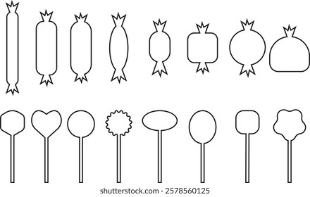 Sweets and candy icon set. Chocolate bars, caramel, toffee and lollipop on sticks, marmalade bears. Confectionery shop elements for birthday kids present cartoon flat isolated vector collection.