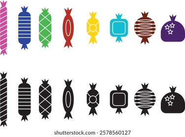 Sweets and candy icon set. Chocolate bars, caramel, toffee and lollipop on sticks, marmalade bears. Confectionery shop elements for birthday kids present cartoon flat isolated vector collection.