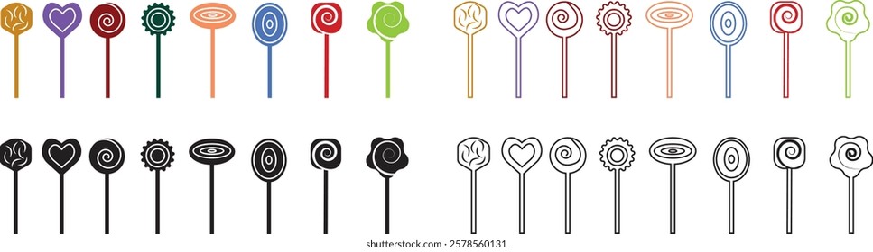 Sweets and candy icon set. Chocolate bars, caramel, toffee and lollipop on sticks, marmalade bears. Confectionery shop elements for birthday kids present cartoon flat isolated vector collection.