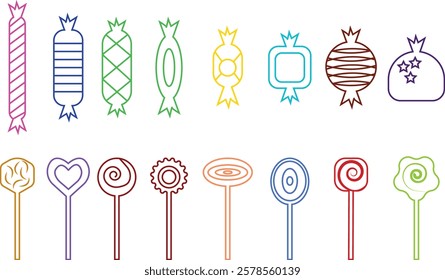 Sweets and candy icon set. Chocolate bars, caramel, toffee and lollipop on sticks, marmalade bears. Confectionery shop elements for birthday kids present cartoon flat isolated vector collection.