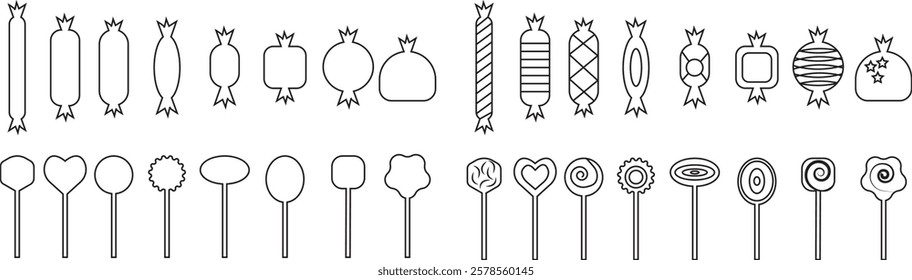 Sweets and candy icon set. Chocolate bars, caramel, toffee and lollipop on sticks, marmalade bears. Confectionery shop elements for birthday kids present cartoon flat isolated vector collection.