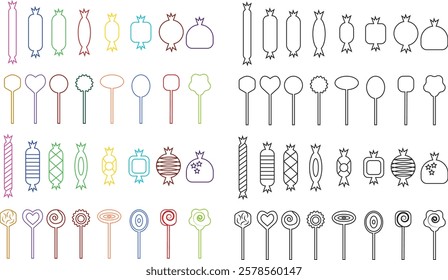 Sweets and candy icon set. Chocolate bars, caramel, toffee and lollipop on sticks, marmalade bears. Confectionery shop elements for birthday kids present cartoon flat isolated vector collection.