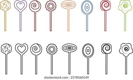 Sweets and candy icon set. Chocolate bars, caramel, toffee and lollipop on sticks, marmalade bears. Confectionery shop elements for birthday kids present cartoon flat isolated vector collection.