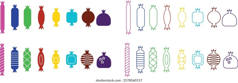 Sweets and candy icon set. Chocolate bars, caramel, toffee and lollipop on sticks, marmalade bears. Confectionery shop elements for birthday kids present cartoon flat isolated vector collection.