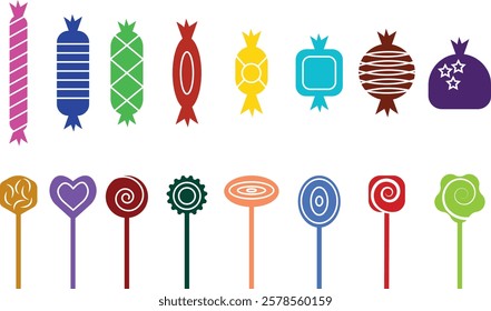 Sweets and candy icon set. Chocolate bars, caramel, toffee and lollipop on sticks, marmalade bears. Confectionery shop elements for birthday kids present cartoon flat isolated vector collection.