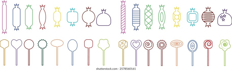 Sweets and candy icon set. Chocolate bars, caramel, toffee and lollipop on sticks, marmalade bears. Confectionery shop elements for birthday kids present cartoon flat isolated vector collection.