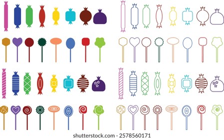 Sweets and candy icon set. Chocolate bars, caramel, toffee and lollipop on sticks, marmalade bears. Confectionery shop elements for birthday kids present cartoon flat isolated vector collection.