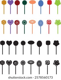 Sweets and candy icon set. Chocolate bars, caramel, toffee and lollipop on sticks, marmalade bears. Confectionery shop elements for birthday kids present cartoon flat isolated vector collection.