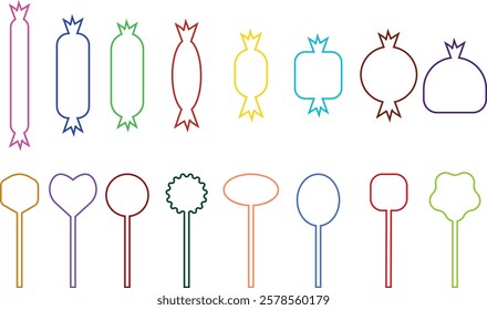 Sweets and candy icon set. Chocolate bars, caramel, toffee and lollipop on sticks, marmalade bears. Confectionery shop elements for birthday kids present cartoon flat isolated vector collection.