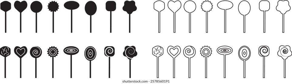 Sweets and candy icon set. Chocolate bars, caramel, toffee and lollipop on sticks, marmalade bears. Confectionery shop elements for birthday kids present cartoon flat isolated vector collection.