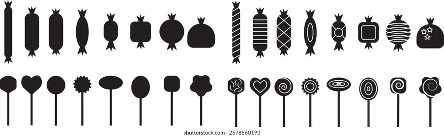 Sweets and candy icon set. Chocolate bars, caramel, toffee and lollipop on sticks, marmalade bears. Confectionery shop elements for birthday kids present cartoon flat isolated vector collection.