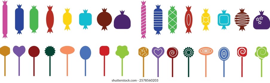 Sweets and candy icon set. Chocolate bars, caramel, toffee and lollipop on sticks, marmalade bears. Confectionery shop elements for birthday kids present cartoon flat isolated vector collection.