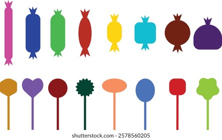 Sweets and candy icon set. Chocolate bars, caramel, toffee and lollipop on sticks, marmalade bears. Confectionery shop elements for birthday kids present cartoon flat isolated vector collection.