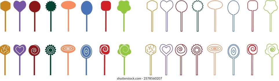 Sweets and candy icon set. Chocolate bars, caramel, toffee and lollipop on sticks, marmalade bears. Confectionery shop elements for birthday kids present cartoon flat isolated vector collection.