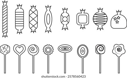 Sweets and candy icon set. Chocolate bars, caramel, toffee and lollipop on sticks, marmalade bears. Confectionery shop elements for birthday kids present cartoon flat isolated vector collection.