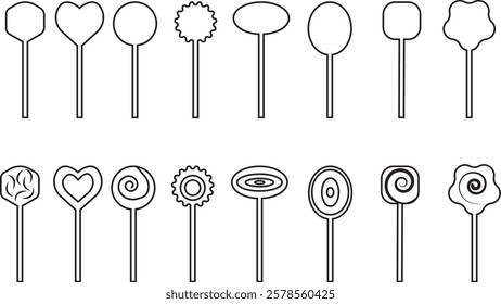 Sweets and candy icon set. Chocolate bars, caramel, toffee and lollipop on sticks, marmalade bears. Confectionery shop elements for birthday kids present cartoon flat isolated vector collection.