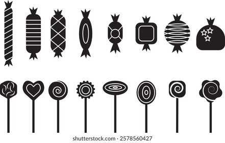 Sweets and candy icon set. Chocolate bars, caramel, toffee and lollipop on sticks, marmalade bears. Confectionery shop elements for birthday kids present cartoon flat isolated vector collection.