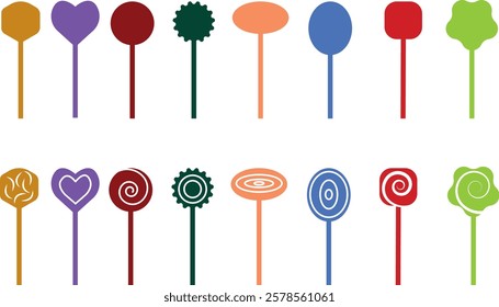 Sweets and candy icon set. Chocolate bars, caramel, toffee and lollipop on sticks, marmalade bears. Confectionery shop elements for birthday kids present cartoon flat isolated vector collection.