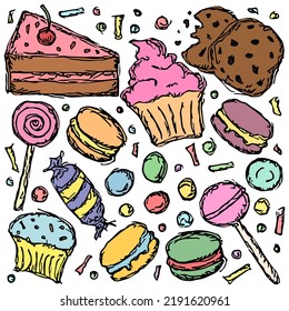 Sweets and candy icons. Sweets background. Doodle vector illustration with sweets and candy