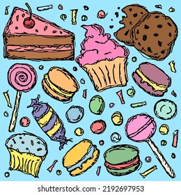 Dulces e íconos de caramelo. Fondo dulce. Ilustración vectorial de Doodle con dulces y caramelos