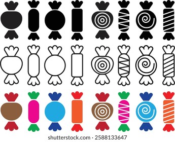 Sweets and candy icons set. Confectionery shop elements signs. Christmas and birthday kids present cartoon flat and line vectors for Mobile and Web designs isolated on transparent background.