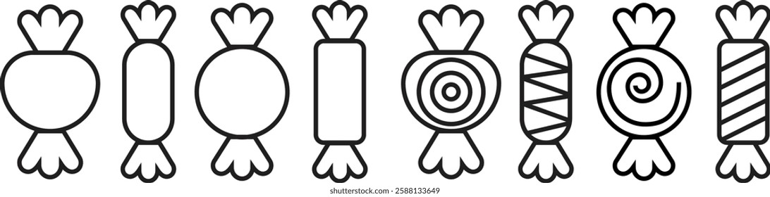 Sweets and candy icons set. Confectionery shop elements signs. Christmas and birthday kids present cartoon black line vectors illustration for Mobile and Web design isolated on transparent background.