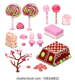Sweets and candy isolated on a white background. Colorful confections the best gift for the sweet tooth. Spiral lollipops, locum and sherbet with nuts, souffle, marshmallows. 
 Vector illustration.