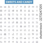 Sweets and candy line icons, signs set. Confectionery, Lollies, Sweets, Candy, Treats, Chocolates, Caramels, Fudge, Cookies outline vector illustrations.